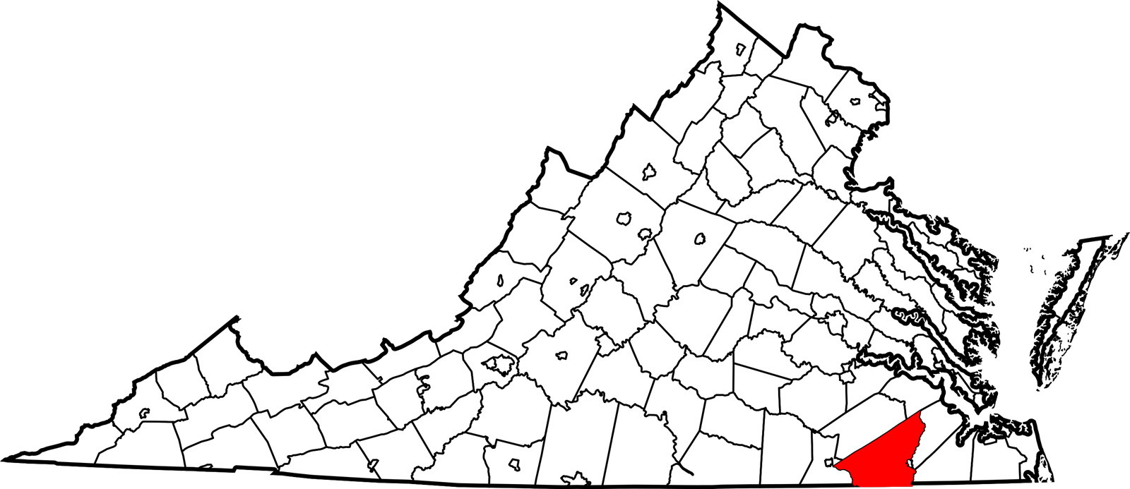 Map showing Southampton County